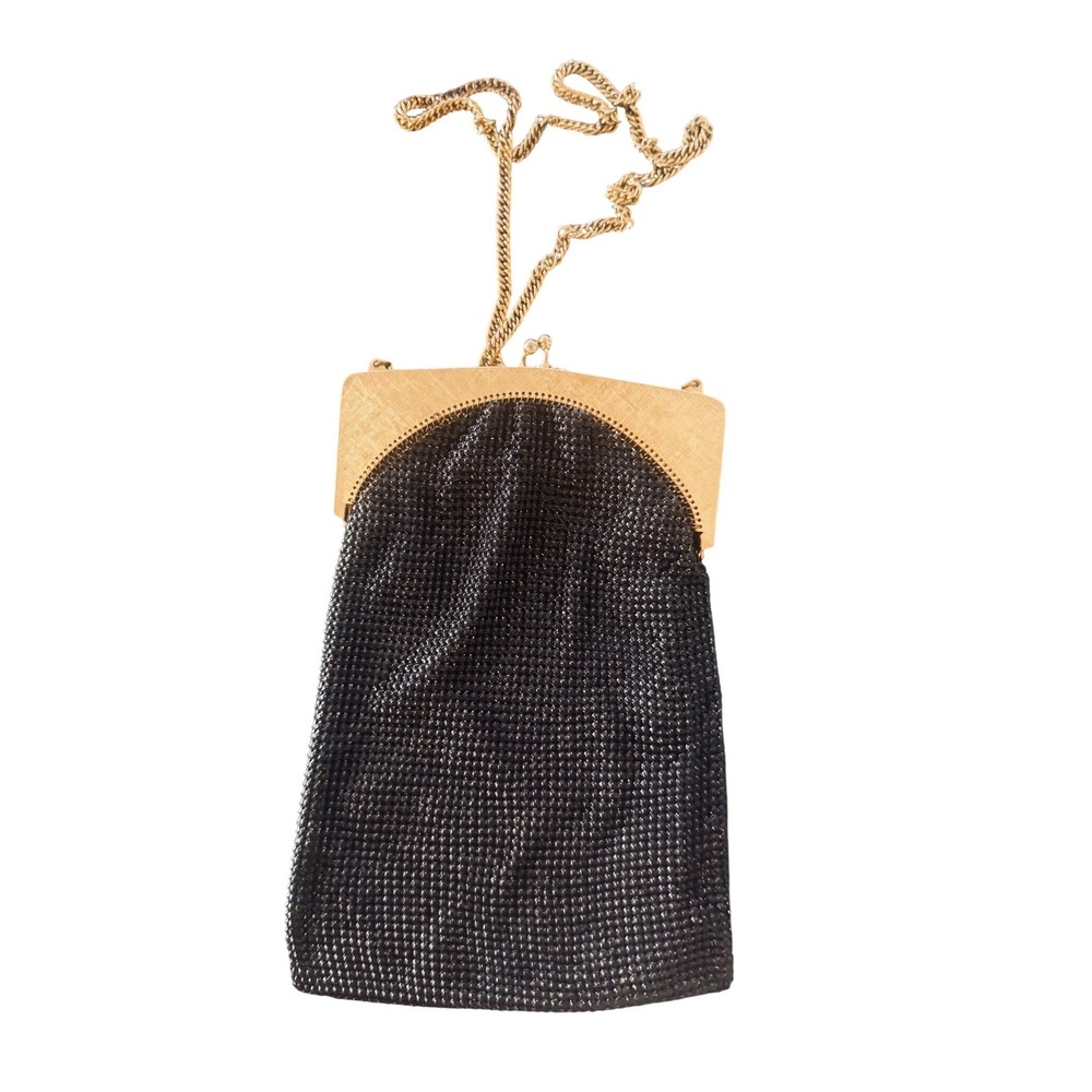 Whiting & Davis Black Mesh Evening Bag Gold Tone‎ Goddess Frame Vintage USA 8x5" - Picture 3 of 10